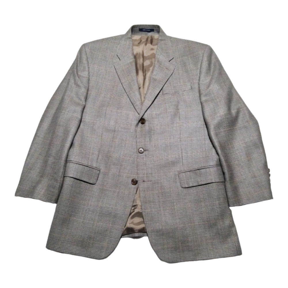 Ralph Lauren Mens Silk Wool Three Button Blazer 44R Beige Check Sport Coat EUC